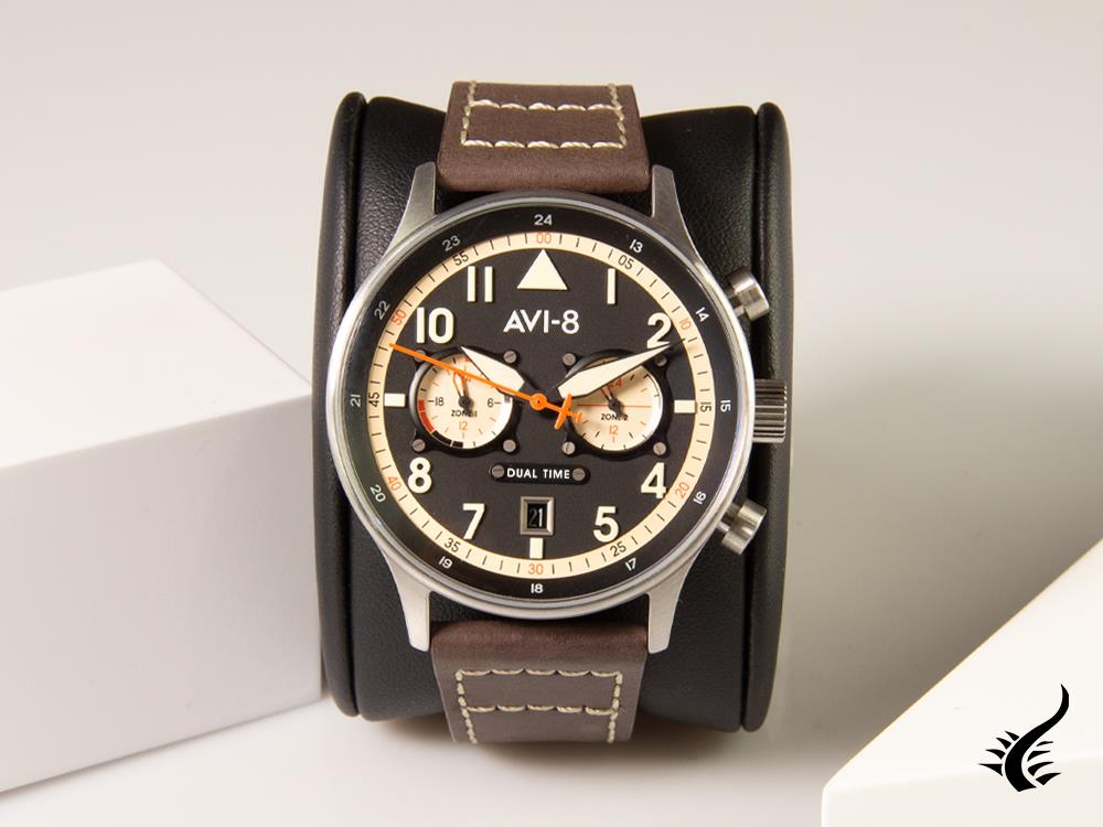 AVI-8 Hawker Hurricane Carey Dual Time Manston Quartz Watch, Black, AV-4088-01