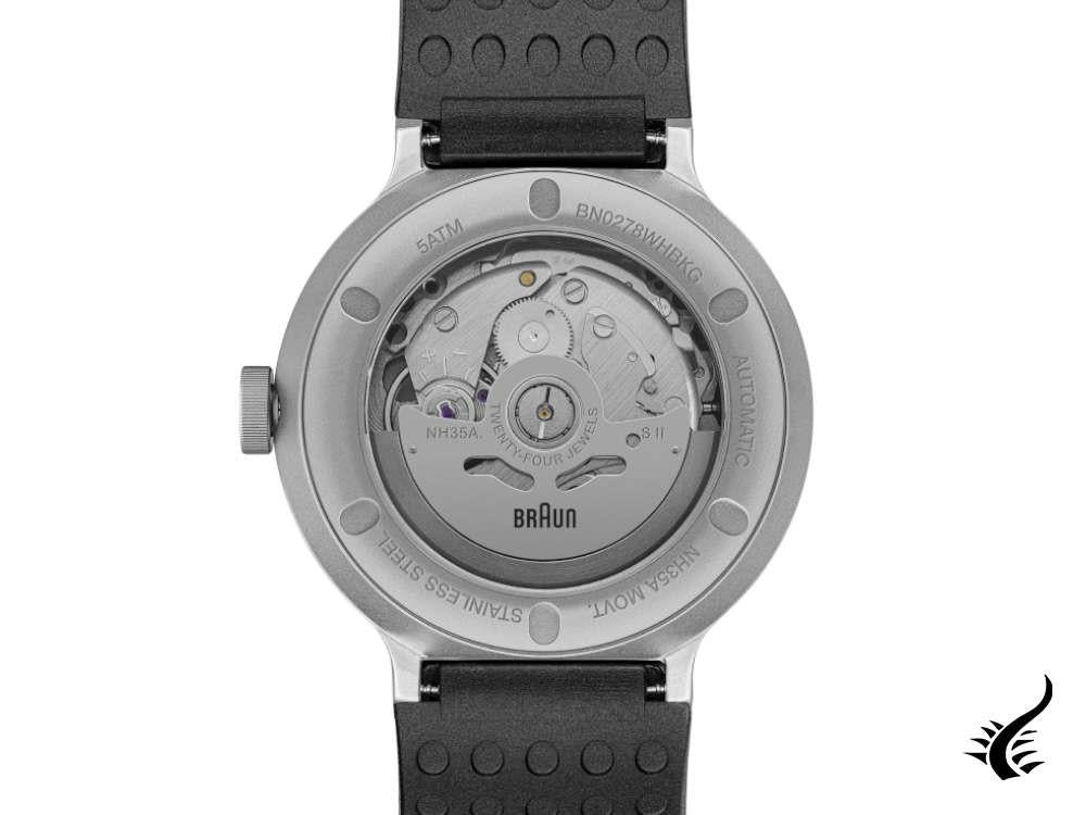 Montre automatique Braun pour homme, 40 mm, blanche, bracelet en caoutchouc, BN0278WHBKG