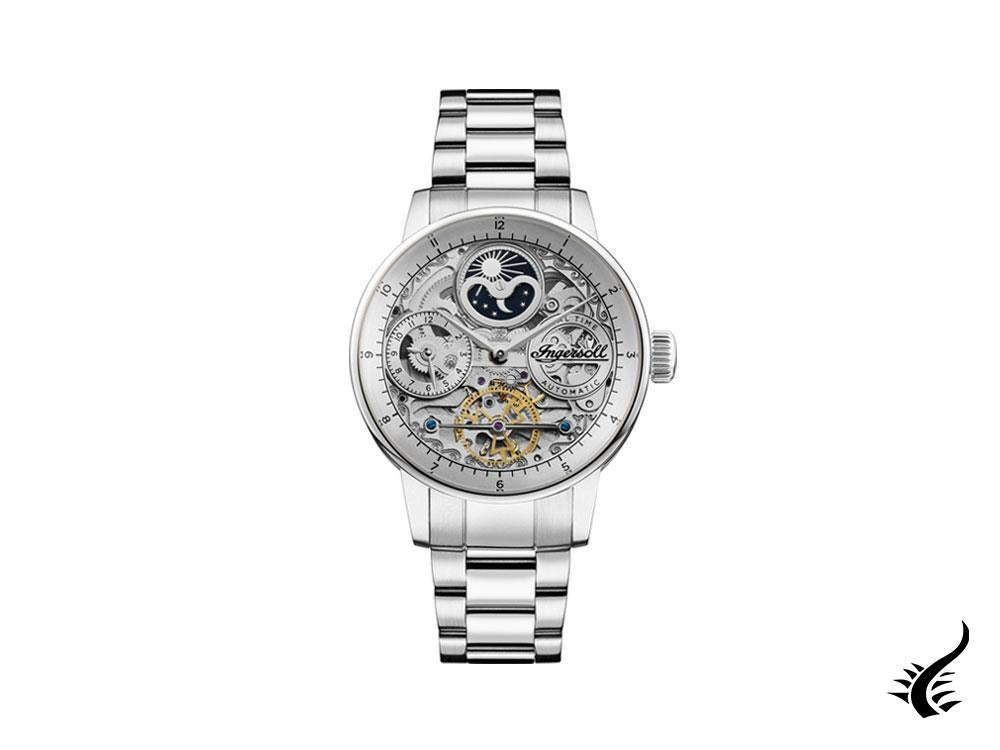 Montre automatique Ingersoll Jazz, 44 mm, argent, phases de lune, GMT, I07703