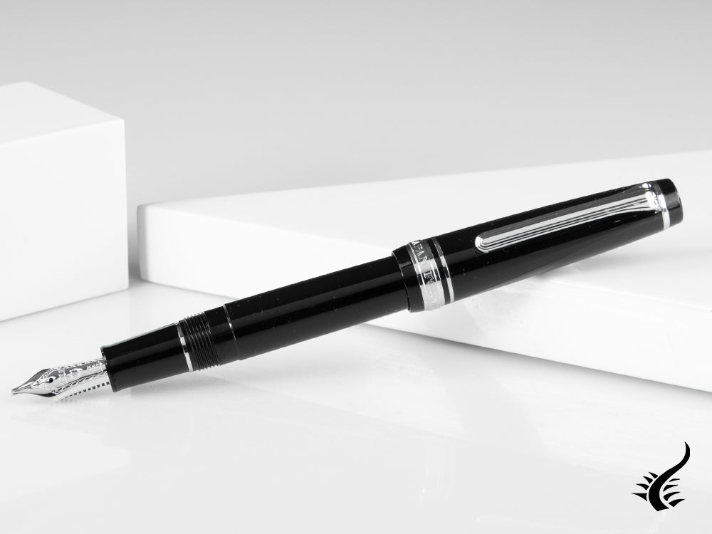 Sailor Professional Gear Slim Silver Fountain Pen, Black, Rhodium trim