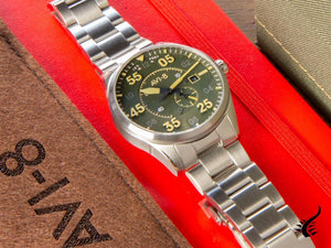 Montre automatique AVI-8 Spitfire, verte, 42 mm, bracelet en acier, AV-4073-22