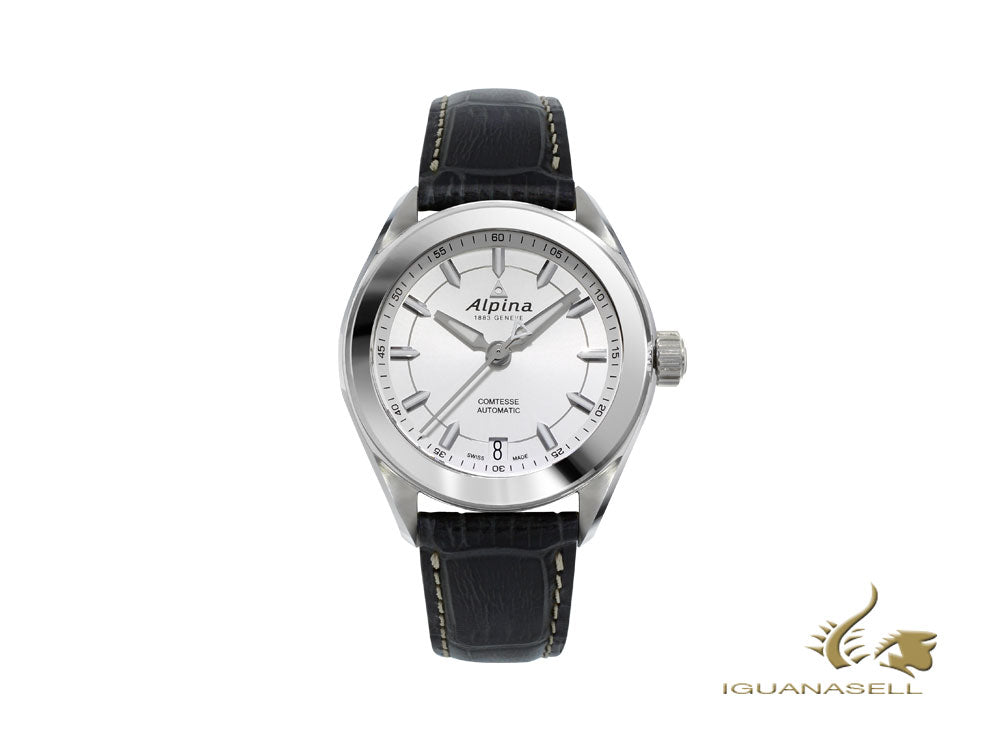 Alpina Comtesse Ladies Automatic Watch, Silver, 34mm, Day, Leather strap