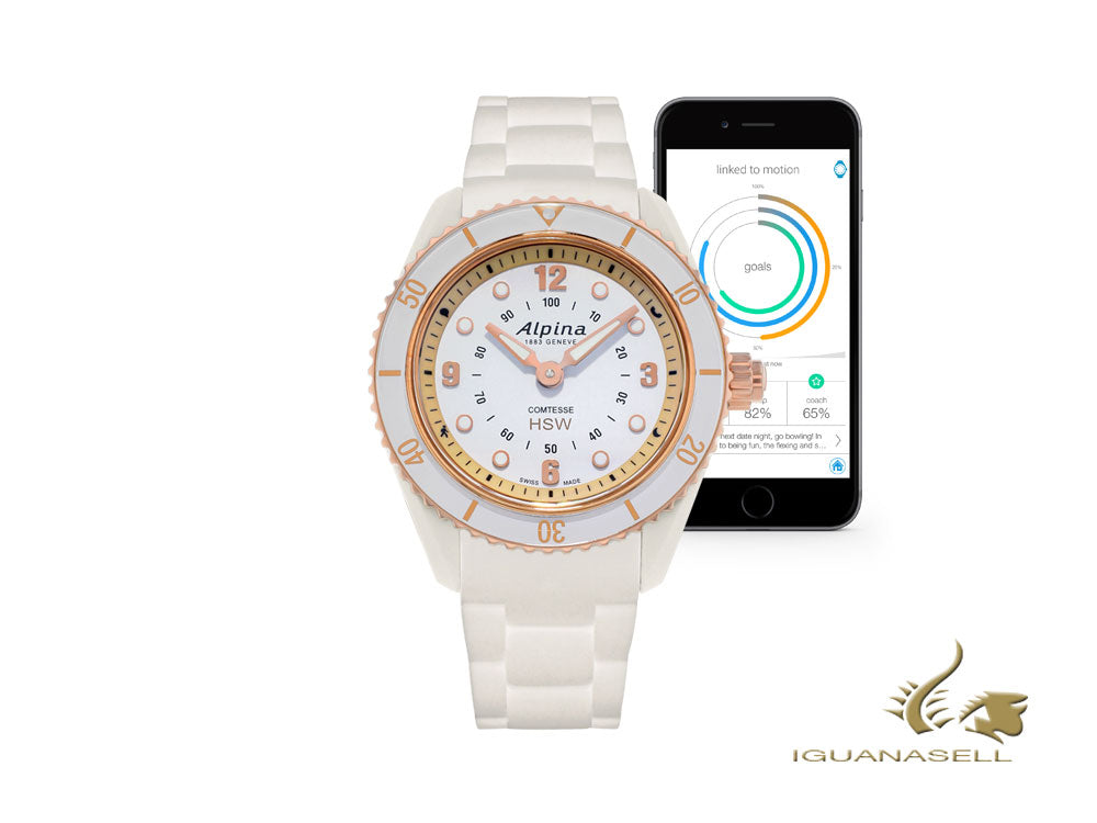 Montre connectée horlogère pour femme Alpina Comtesse, blanche/dorée, fibre de verre