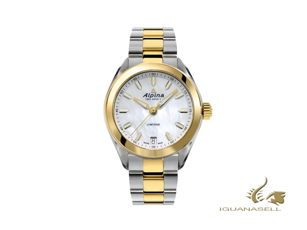 Montre à quartz pour femme Alpina Comtesse, blanche, PVD or, 34 mm, AL-240MPW2C3B