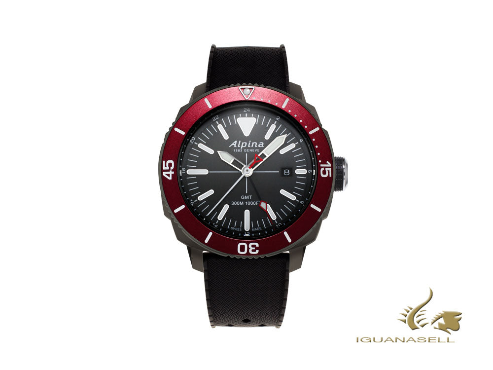 Montre à quartz Alpina Seastrong Diver GMT, noire, 44 mm, 30 atm, AL-247LGBRG4TV6