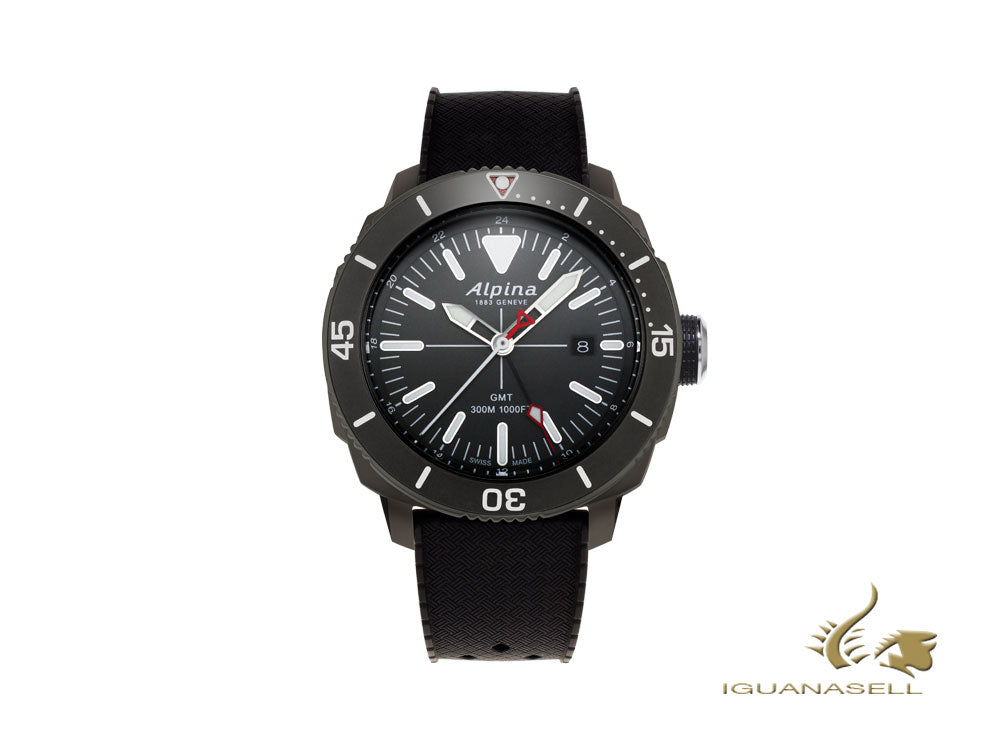 Montre à quartz Alpina Seastrong Diver GMT, noire, 44 mm, jour, AL-247LGG4TV6