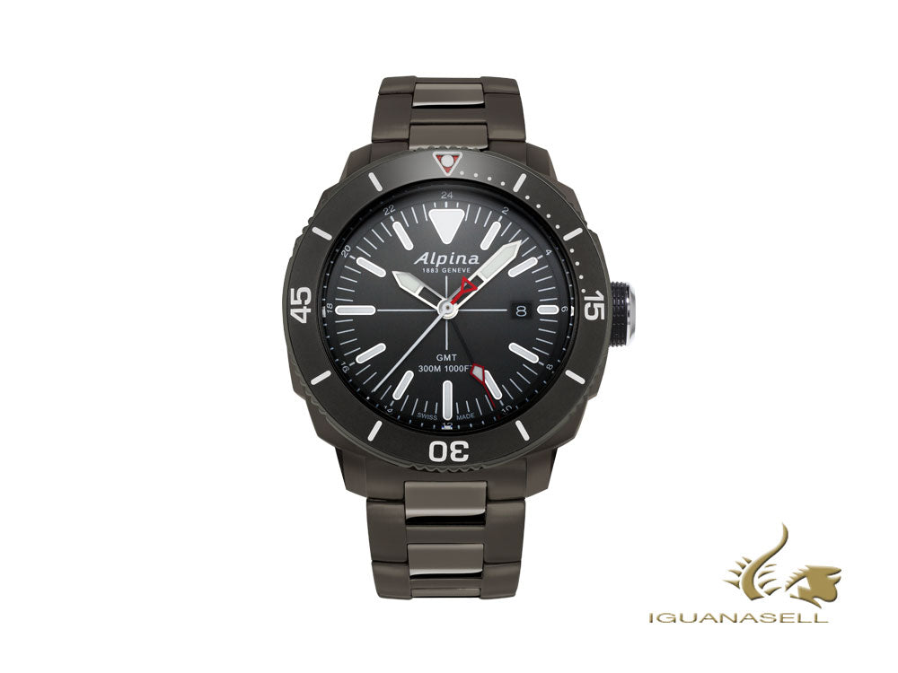 Montre à quartz Alpina Seastrong Diver GMT, noire, 44 mm, 30 atm, AL-247LGG4TV6B