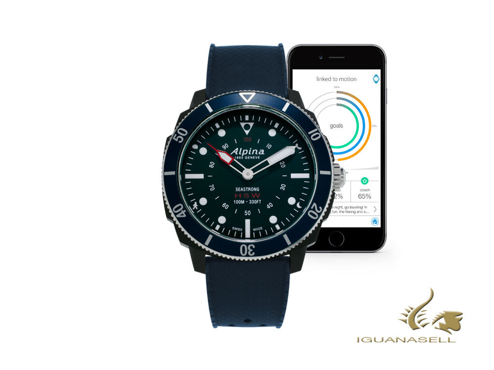 Montre à quartz Alpina Seastrong Horological Smartwatch, noire, 44 mm, AL-282LNN4V6