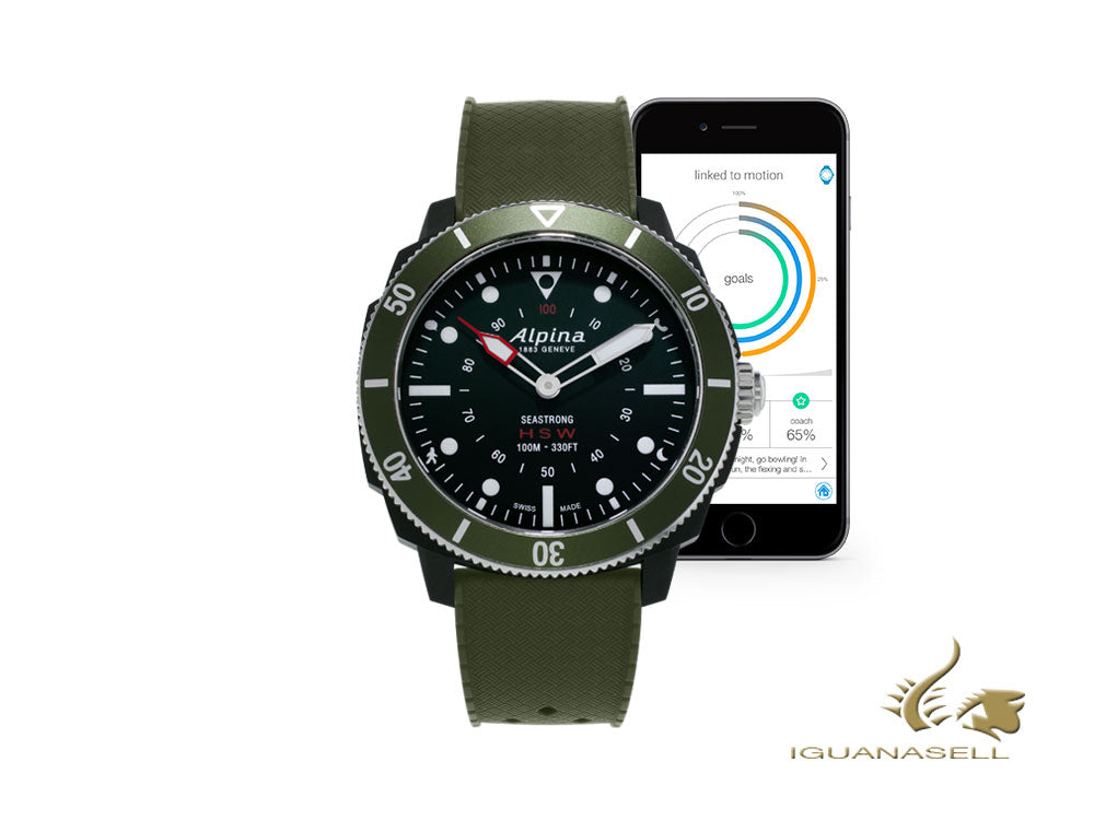 Montre à quartz Alpina Seastrong Horological Smartwatch, verte, 44 mm, 10 atm