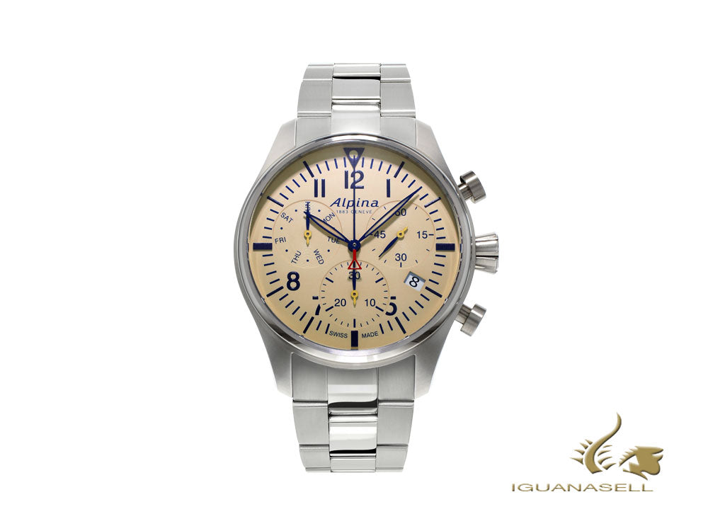 Montre chronographe à quartz Alpina Startimer Pilot, 42 mm, beige, jour et date