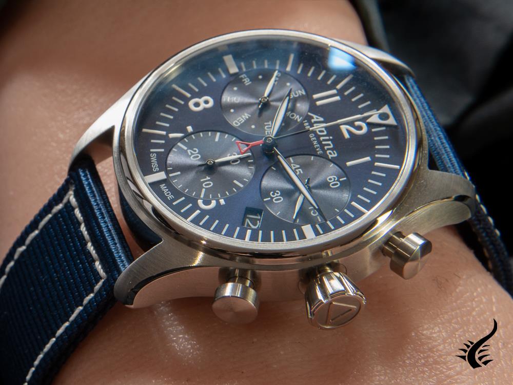 Montre chronographe à quartz Alpina Startimer Pilot, 42 mm, bleu, jour et date