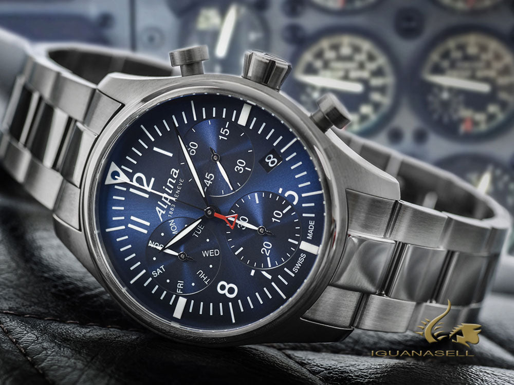 Montre chronographe à quartz Alpina Startimer Pilot, 42 mm, bleu, jour et date