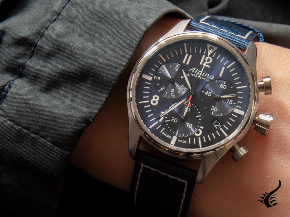 Montre chronographe à quartz Alpina Startimer Pilot, 42 mm, bleu, jour et date