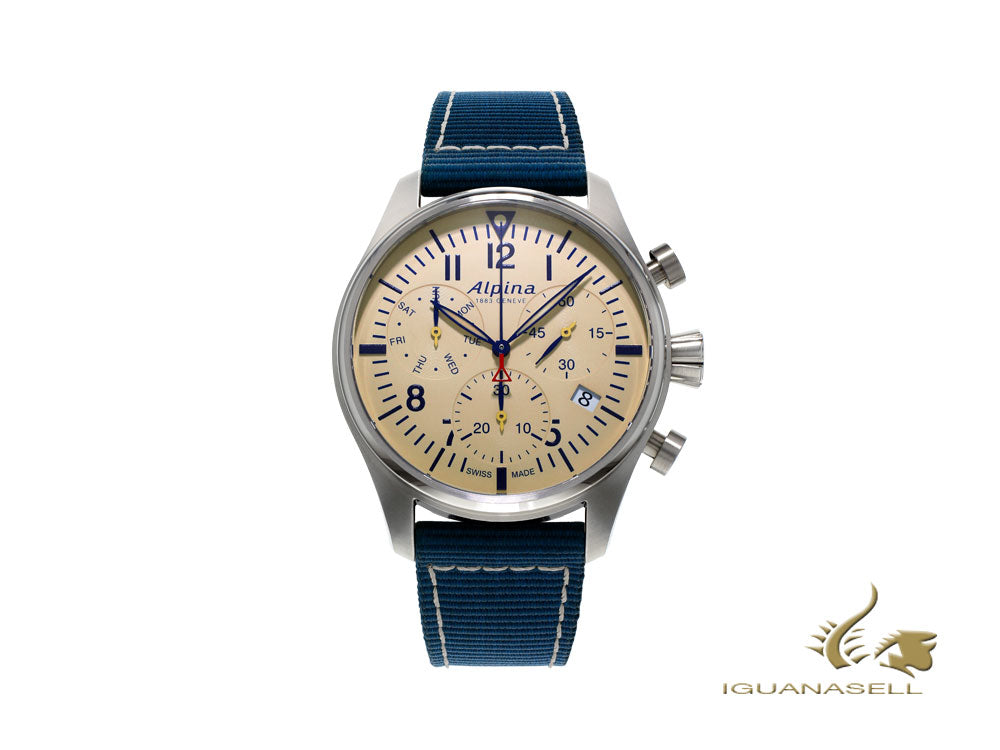 Montre chronographe à quartz Alpina Startimer Pilot, 42 mm, beige, bleu, jour et date