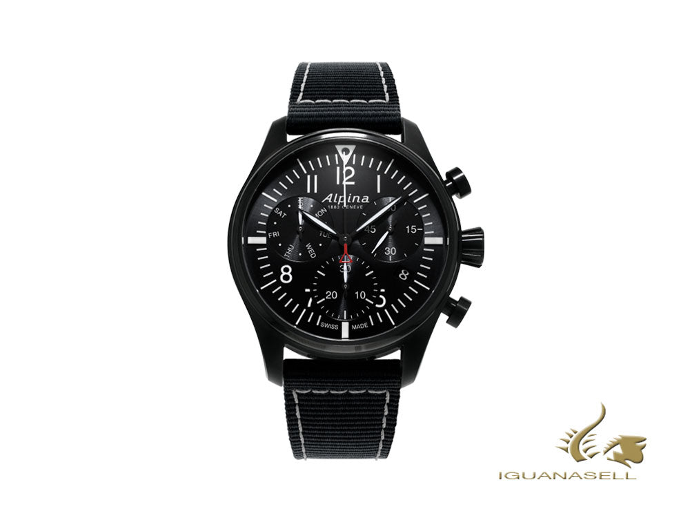 Montre chronographe à quartz Alpina Startimer Pilot, PVD, 42 mm, noire, jour et date