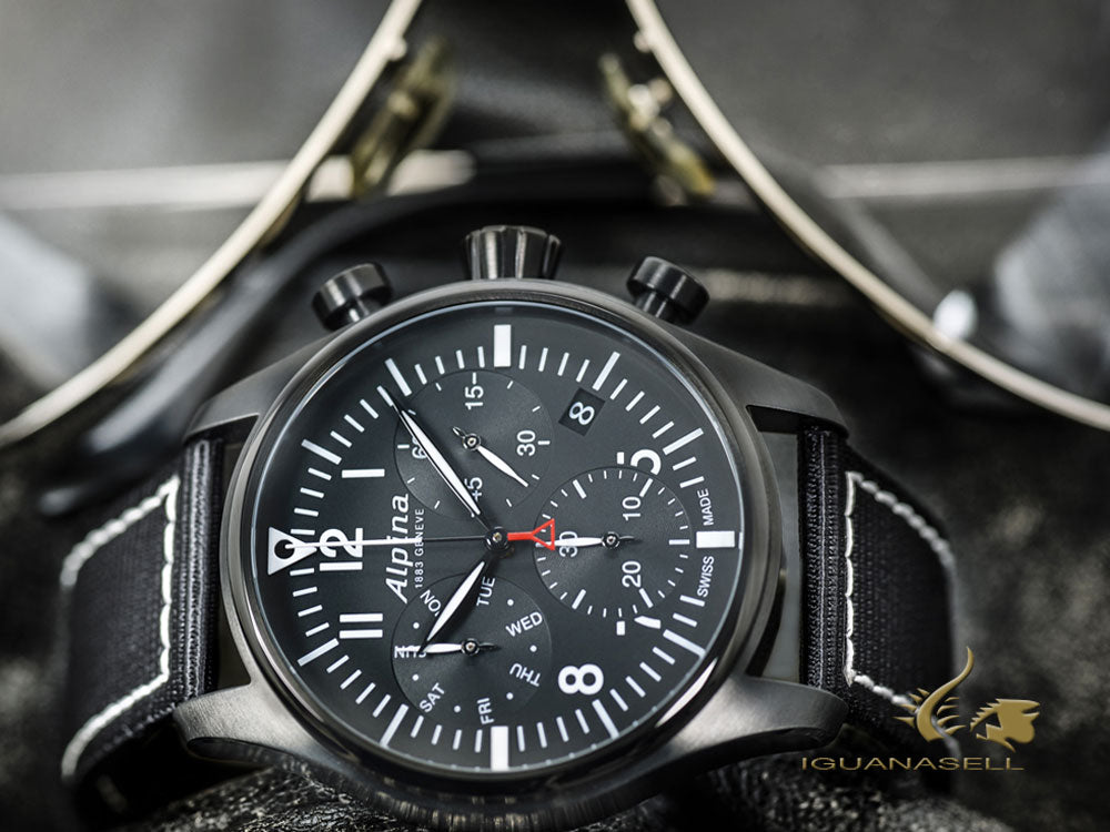 Montre chronographe à quartz Alpina Startimer Pilot, PVD, 42 mm, noire, jour et date