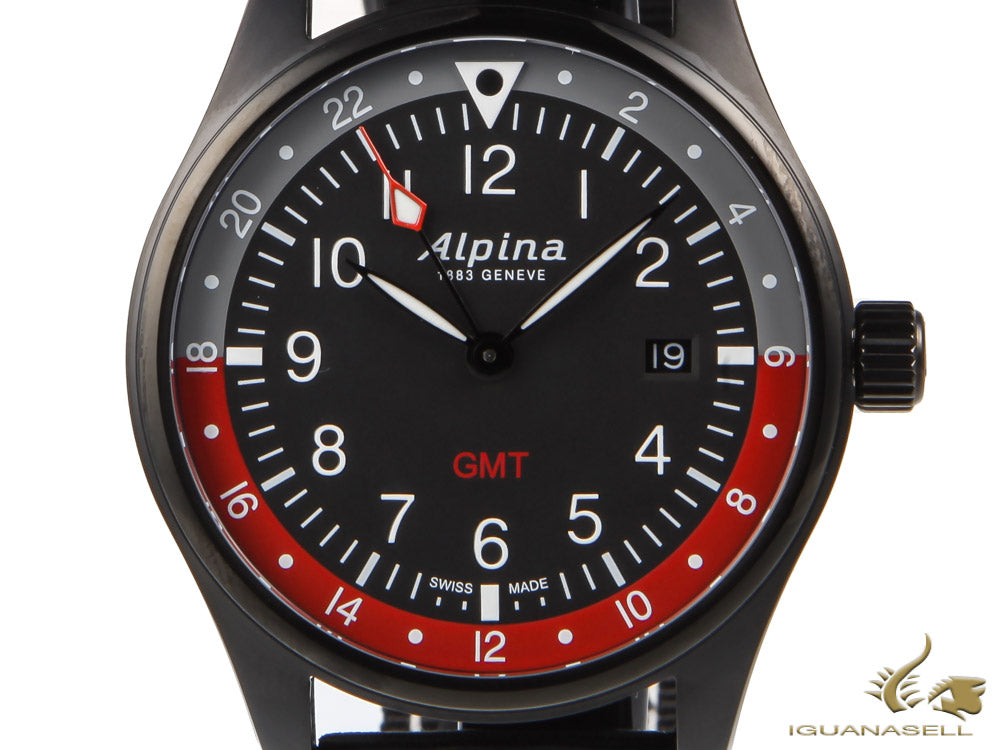 Montre à quartz Alpina Startimer Pilot, 42 mm, GMT, noir, Nato, AL-247BR4FBS6