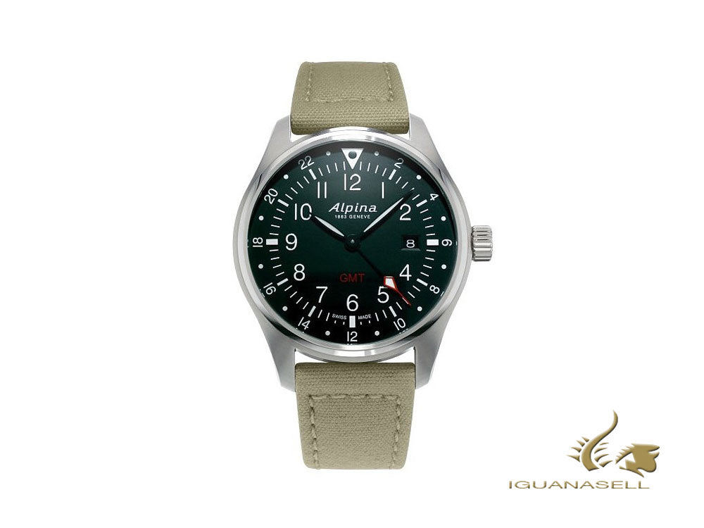 Montre à quartz Alpina Startimer Pilot, 42 mm, GMT, gris/vert, jour, AL-247B4S6