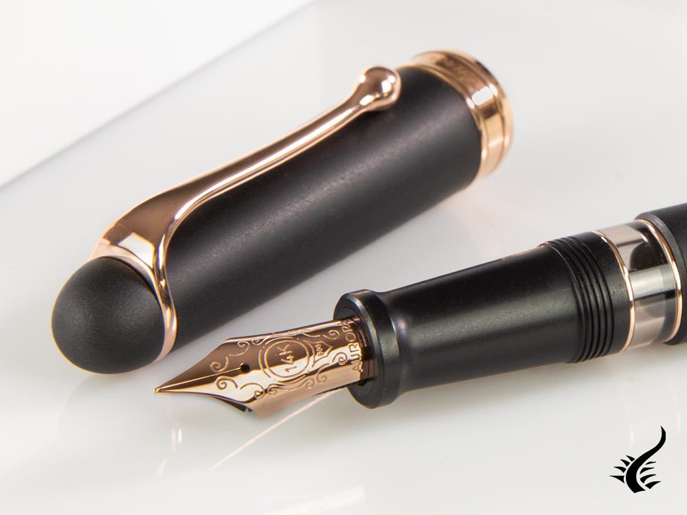 Aurora 88 Black Satin Fountain Pen, Black Resin, Rose Gold Trim, 809-PN