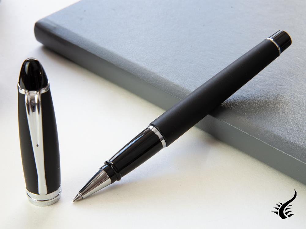 Aurora Roller Pen Ipsilon Satin  -  Black Resin & Chrome Trims  - B70N