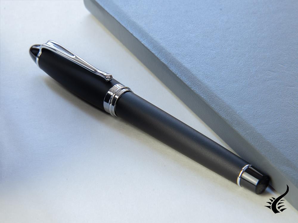 Aurora Roller Pen Ipsilon Satin  -  Black Resin & Chrome Trims  - B70N