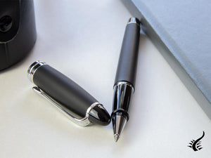 Aurora Roller Pen Ipsilon Satin  -  Black Resin & Chrome Trims  - B70N