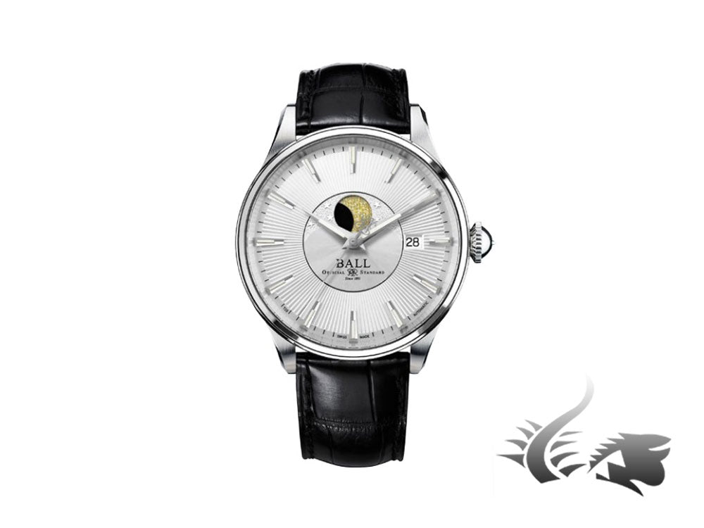 Montre automatique à phases de lune Ball Trainmaster, Ball RR1801, argent, NM3082-LLJ-SL