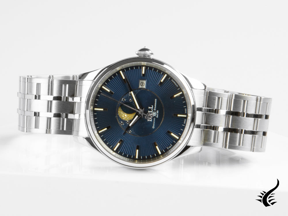 Ball Trainmaster Moon Phase Automatic Watch, Ball RR1801, Blue, Steel bracelet