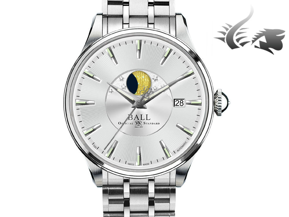 Montre automatique Ball Trainmaster Moon Phase, Ball RR1801, argent, bracelet en acier