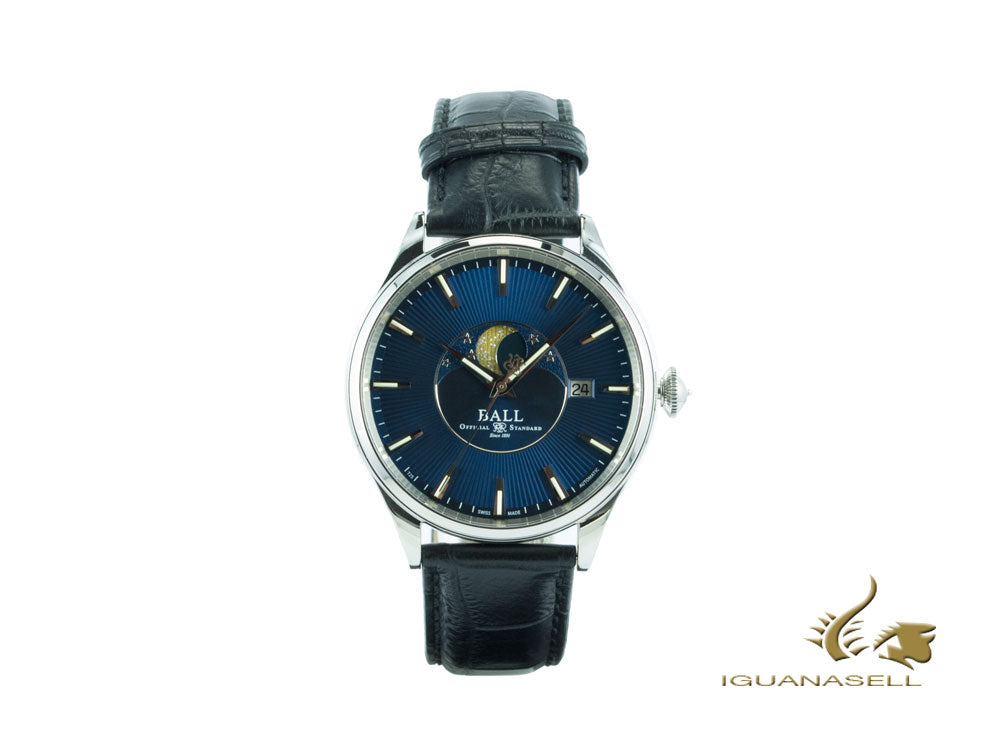 Montre Ball Trainmaster Moon Phase, Ball RR1801, bleue, NM3082D-LLFJ-BE, à rabat