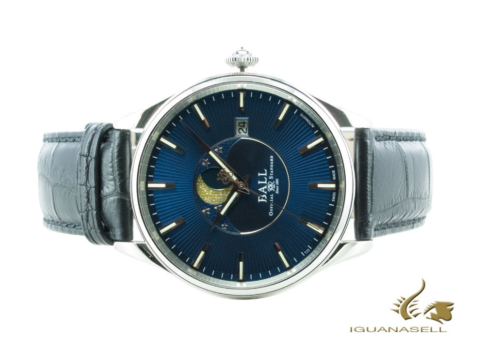 Montre Ball Trainmaster Moon Phase, Ball RR1801, bleue, NM3082D-LLFJ-BE, à rabat