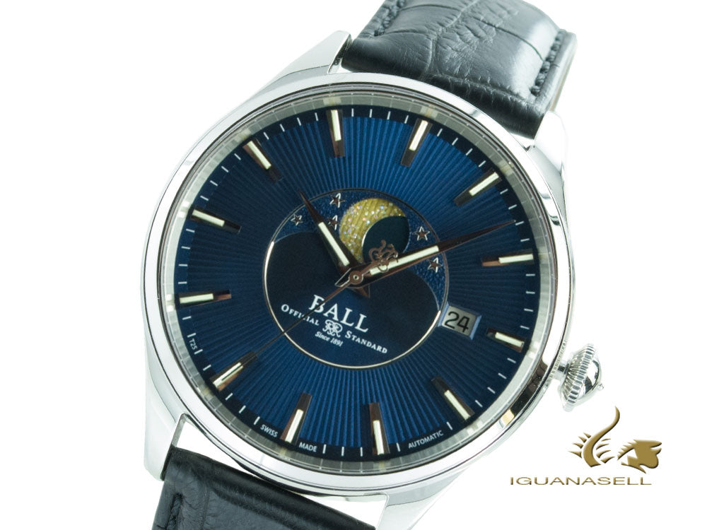 Ball Trainmaster Moon Phase Watch, Ball RR1801, Blue, NM3082D-LLFJ-BE, Foldover