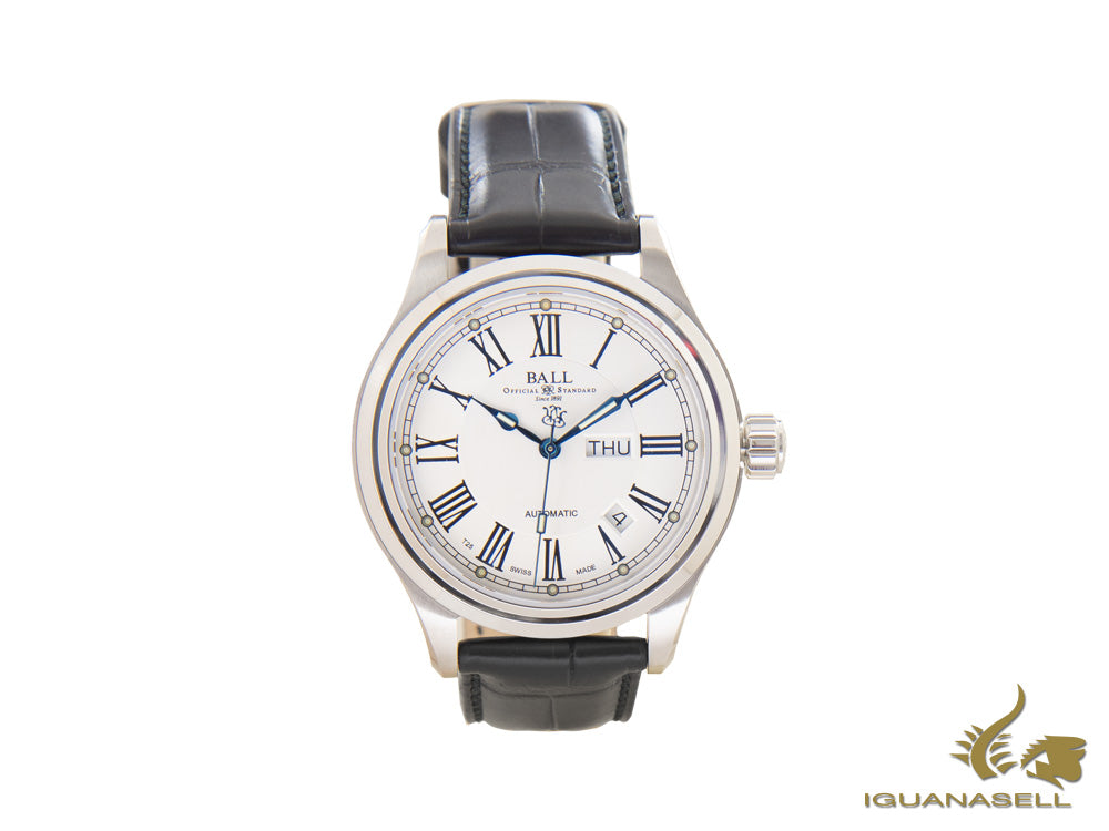 Montre Ball Trainmaster Roman, Ball RR1102, blanche, bracelet en cuir, boucle déployante