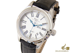 Montre Ball Trainmaster Roman, Ball RR1102, blanche, bracelet en cuir, boucle déployante