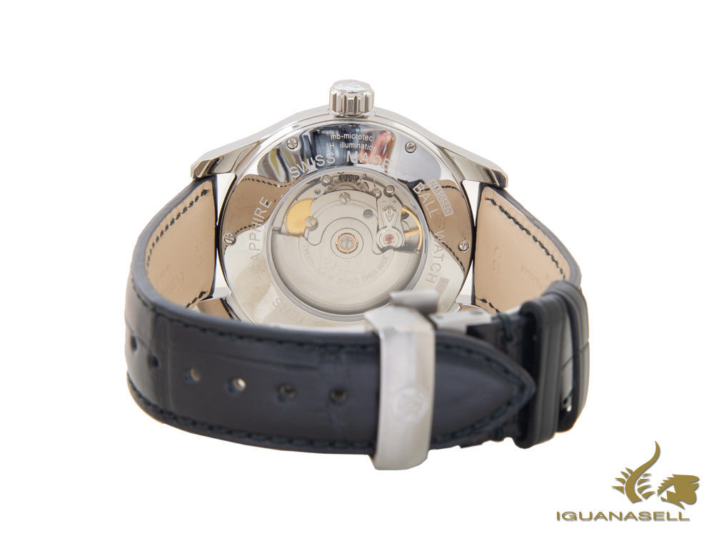 Montre Ball Trainmaster Roman, Ball RR1102, blanche, bracelet en cuir, boucle déployante