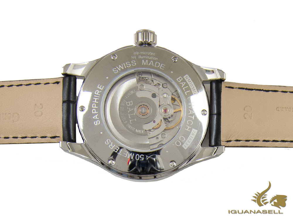 Montre Ball Trainmaster Roman, Ball RR1102, blanche, bracelet en cuir, boucle déployante