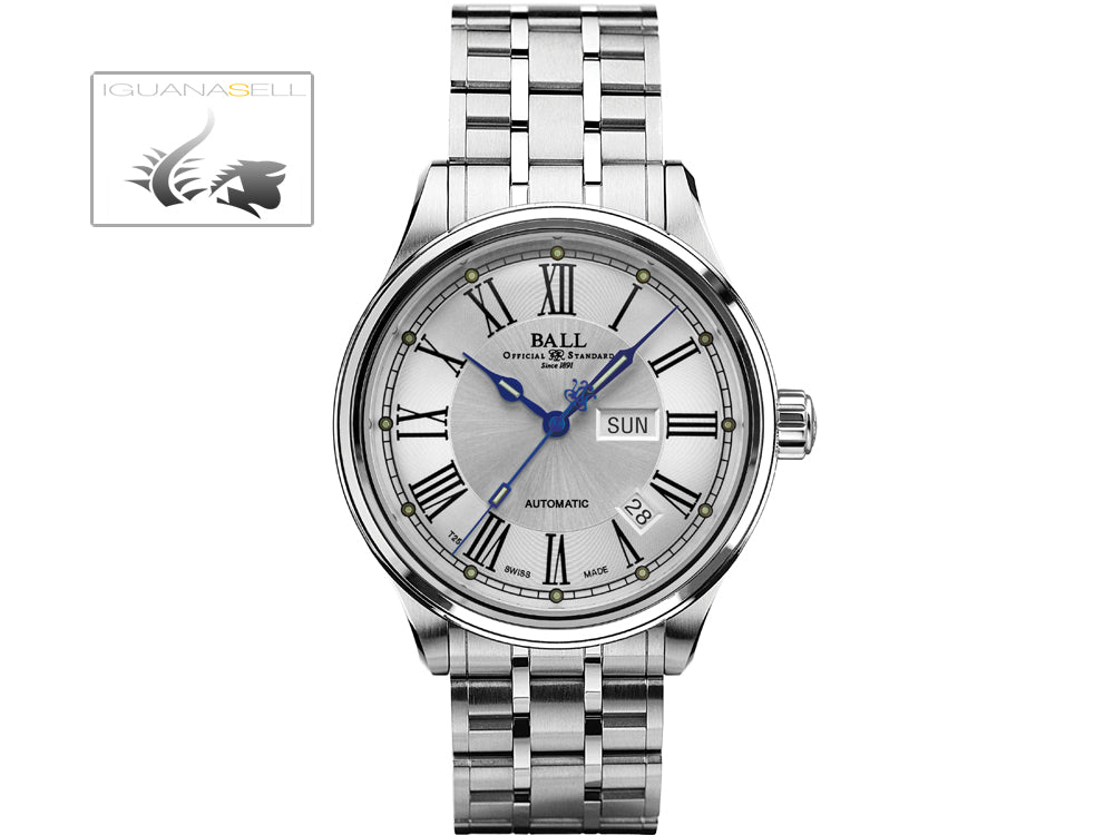 Montre Ball Trainmaster Roman, Ball RR1102, blanche, bracelet en acier