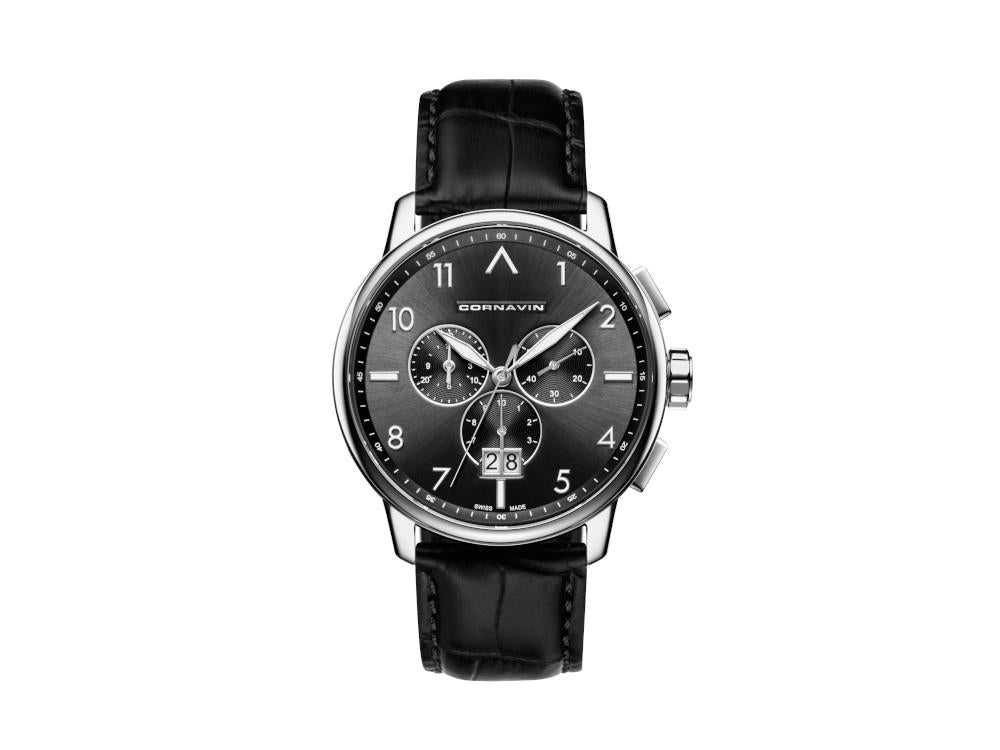 Montre Cornavin Big Date Quartz, Chronographe, 43 mm, Noir, CO.BD.01.L