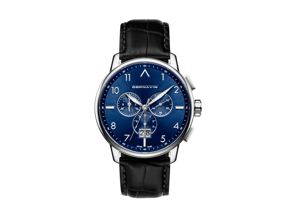 Montre Cornavin Big Date Quartz, Chronographe, 43 mm, Bleu, CO.BD.04.L