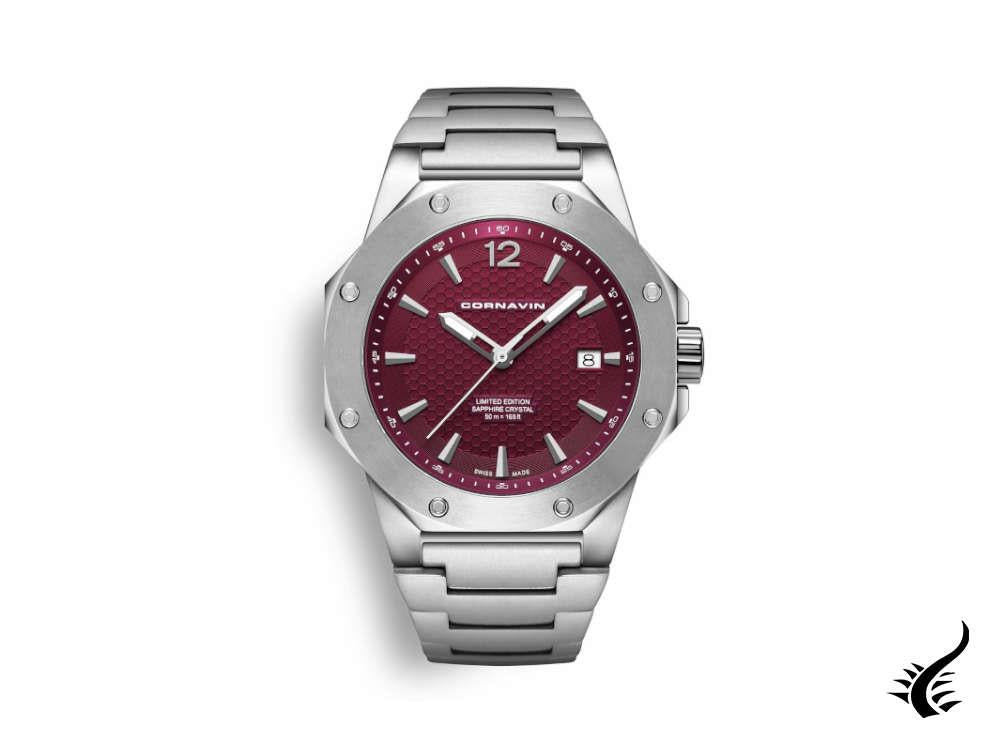 Cornavin Downtown 3-H Quartz Watch, 41 mm, Burgundy, Steel bracelet, CO2021-2036