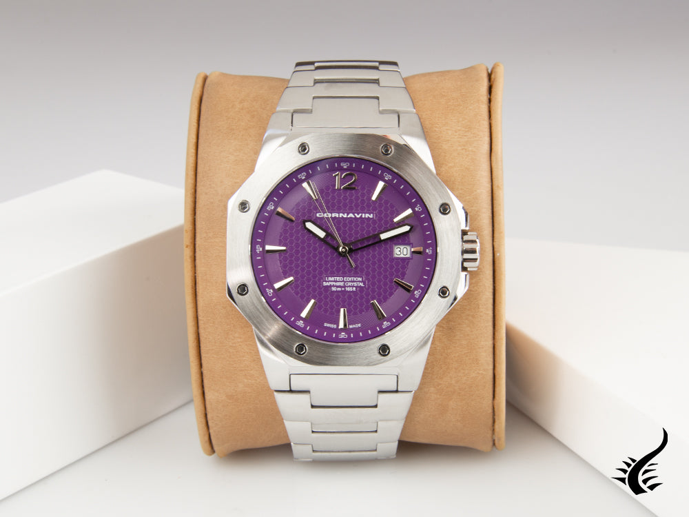 Montre à quartz Cornavin Downtown 3-H, 41 mm, violet, bracelet en acier, CO2021-2033