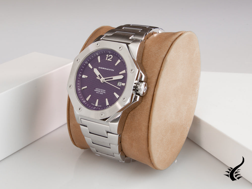 Montre à quartz Cornavin Downtown 3-H, 41 mm, violet, bracelet en acier, CO2021-2033