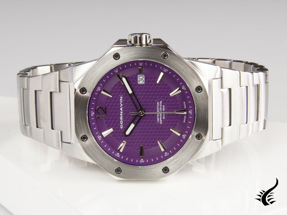 Montre à quartz Cornavin Downtown 3-H, 41 mm, violet, bracelet en acier, CO2021-2033