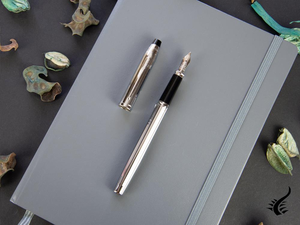 Cross Century II Fountain Pen, Chrome, Silver, Chrome Trim, Ribbed