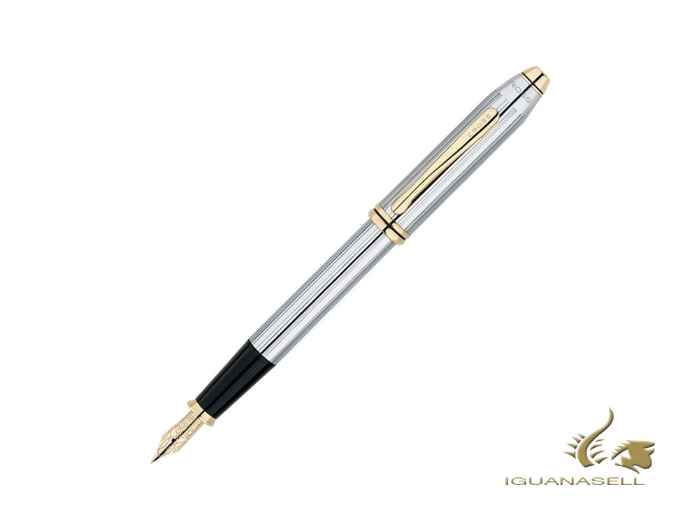 Stylo plume Cross Townsend, chrome, argent, poli, plaqué or 23 carats