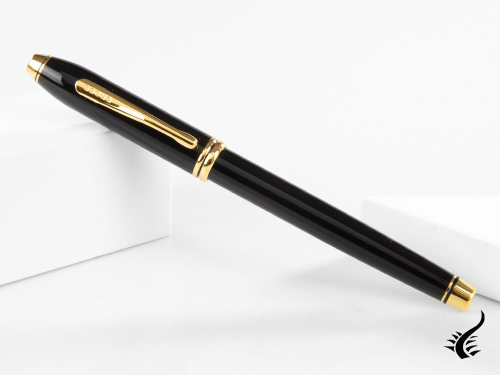 Stylo plume Cross Townsend, laqué, noir, attributs en or 23 carats, poli