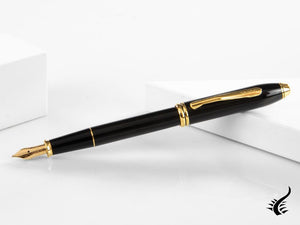 Stylo plume Cross Townsend, laqué, noir, attributs en or 23 carats, poli