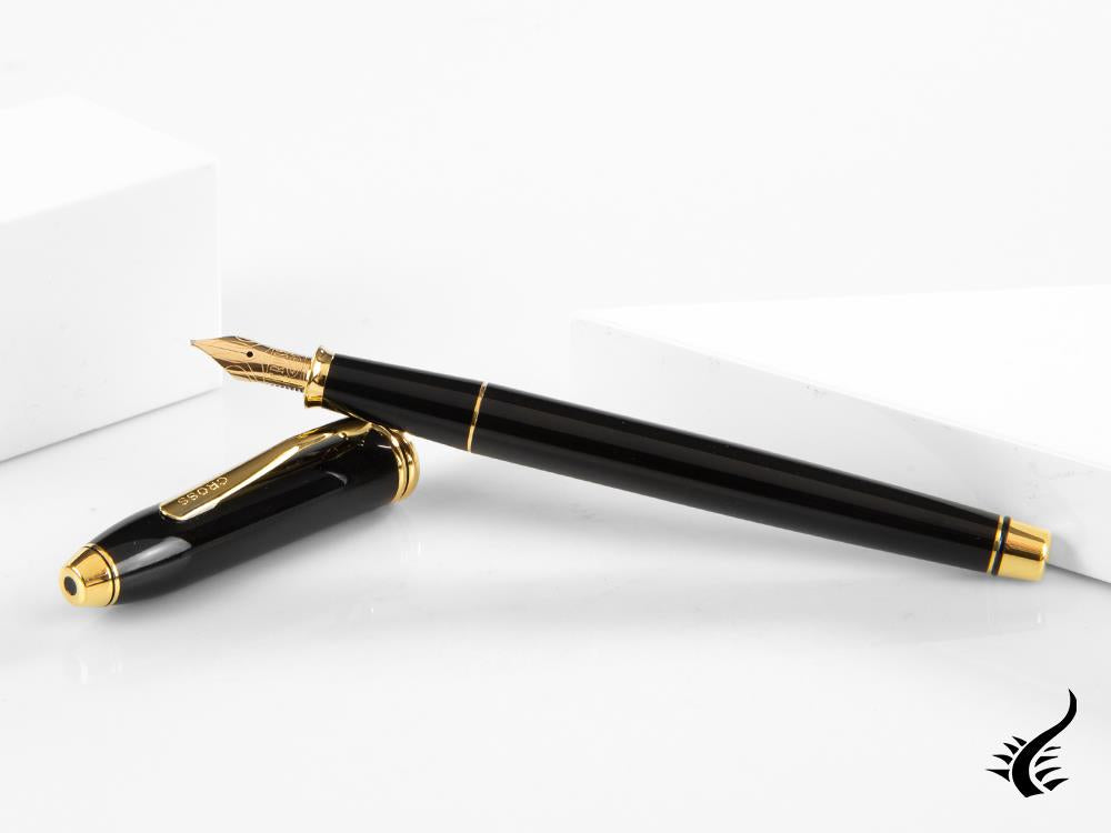 Cross Townsend Fountain Pen, Lacquer, Black, 23K Gold Trim, Polished