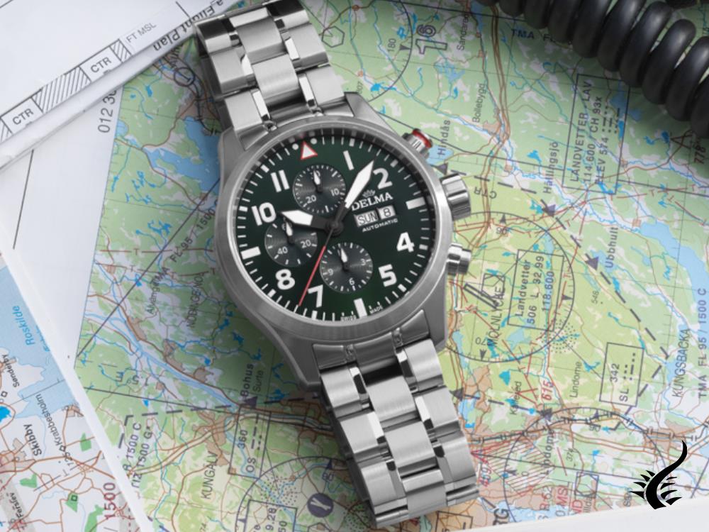 Delma Aero Commander Automatic Watch, Green, 45 mm, Chronograph, 41702.580.6.149