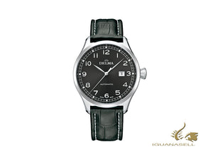 Montre automatique Delma Aero Pioneer, noire, 45 mm, bracelet en cuir, 41601.570.6.032